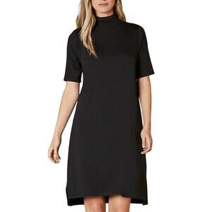 Eileen Fisher Mock Neck Swing Dress Viscose Jersey Knit Elbow Sleeve Black Sz XS